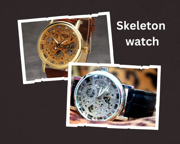 Skeleton Stylish Watch – Leather Strap, Transparent Dial Design